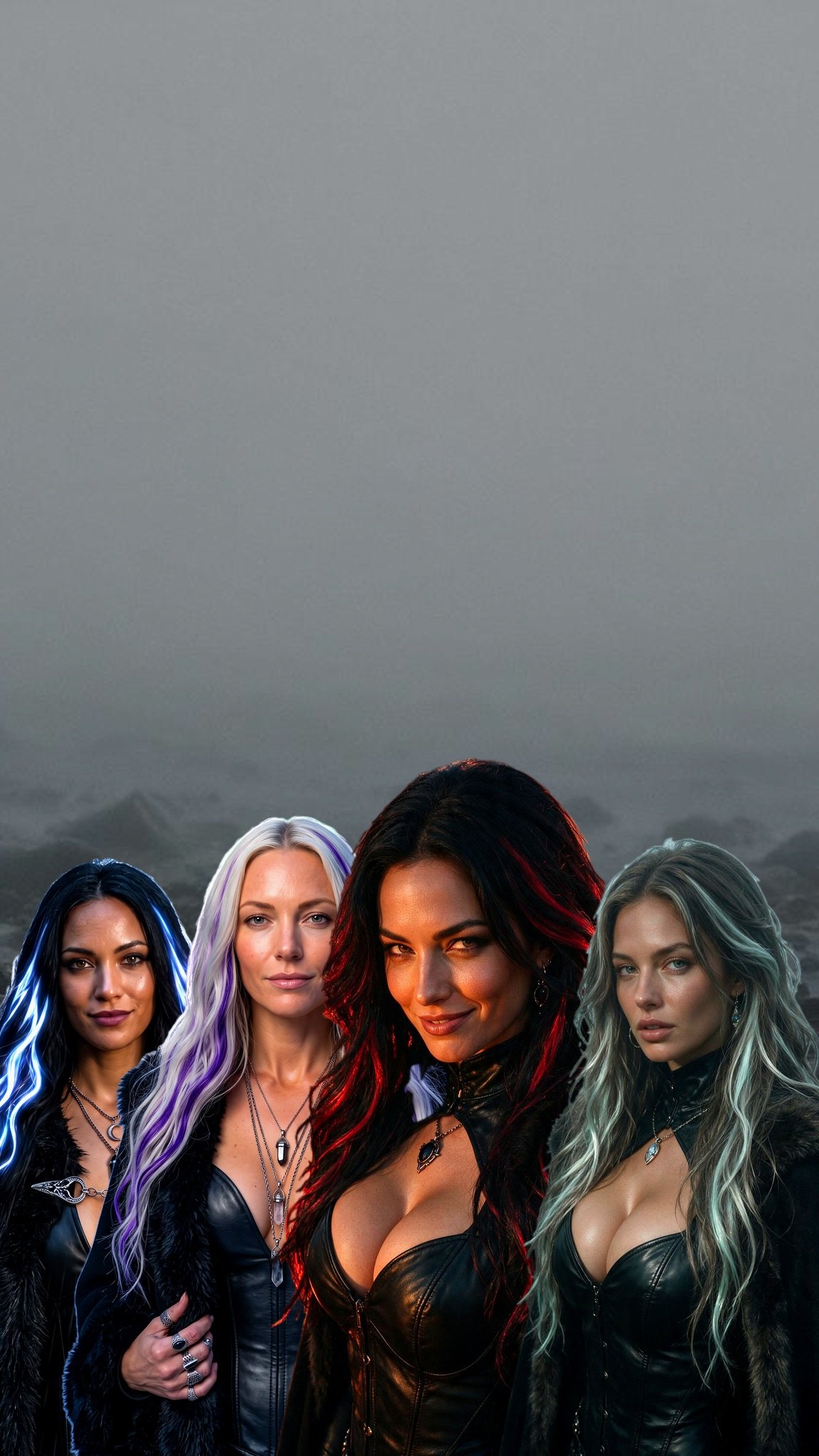 The coven waiting on a fog-swallowed shore